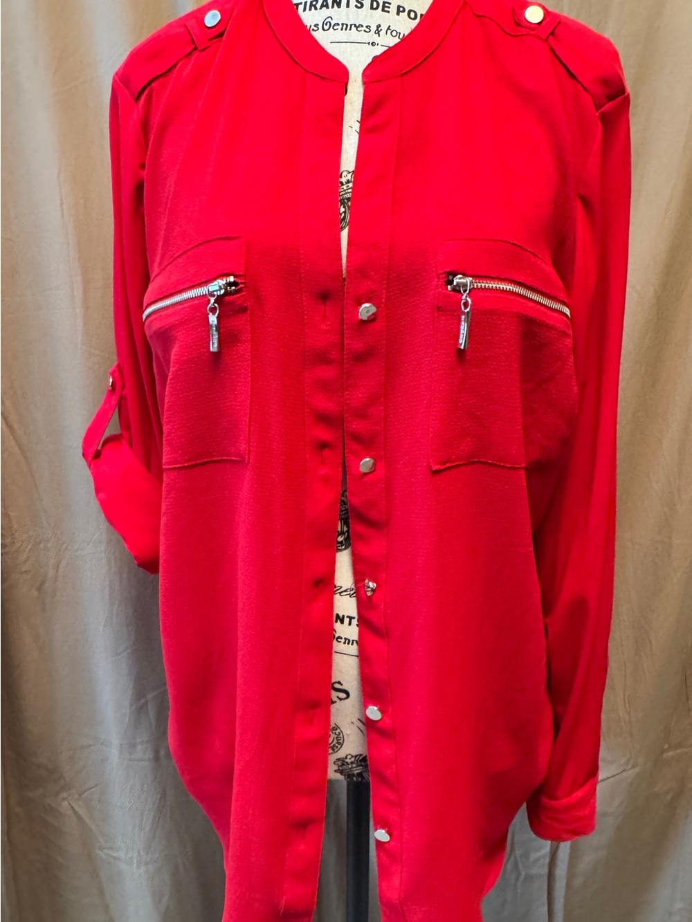Peter Nygard Red Button-Front Utility Shirt with Zip Chest Pockets